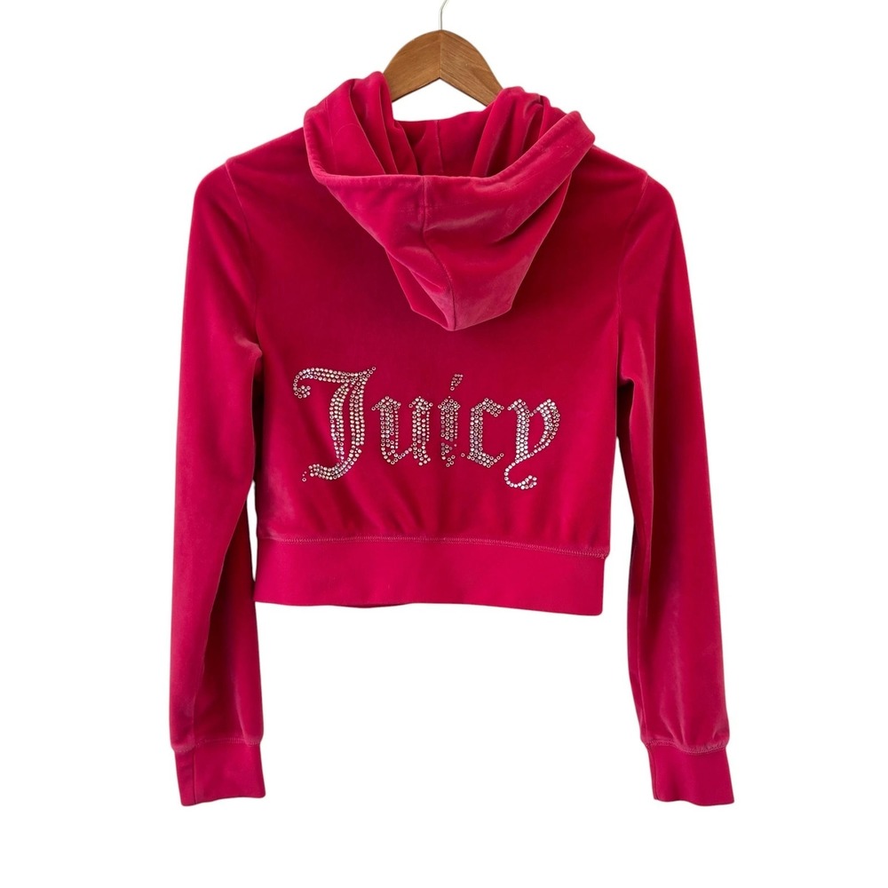 Juicy Couture Y2K Rhinestone Spell Out‎ Zip Up Hoodie Womens Size S Pink Velour